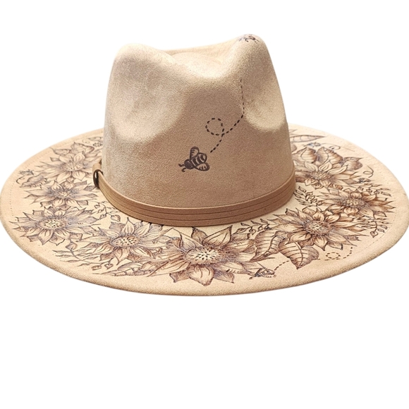Hand Burned Wide Brim Fedora Hat Featuring Sunflowers, Bees, and Lady Bugs - Picture 4 of 8